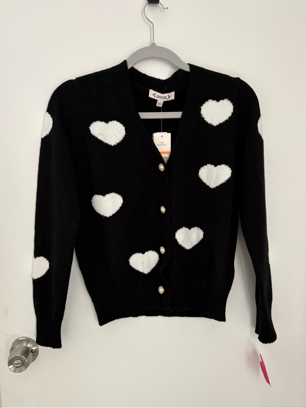 Nanette Lepore Black Cardigan with White Heart Design NWT